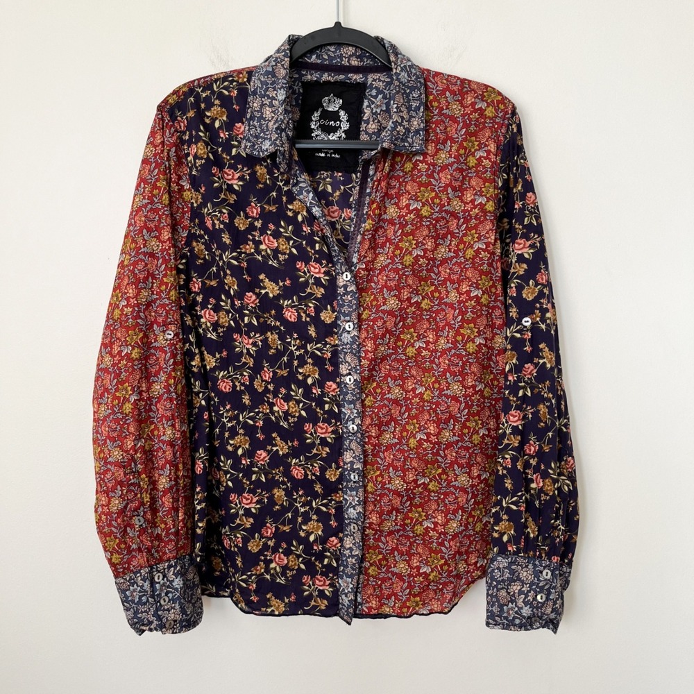 Cino Santiago Mixed Floral Print‎ Button Up Top Blue Red Womens Large